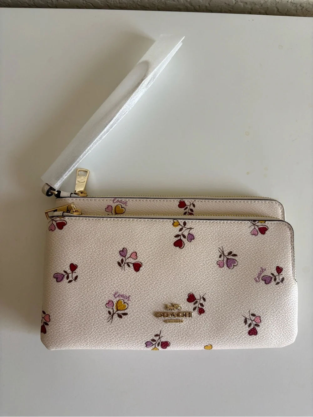 Coach Cream Floral Double Zip Wristlet with Pink & Red Accents